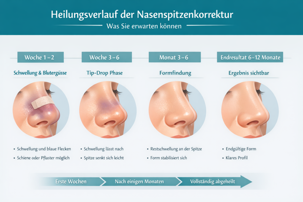 Der Heilungsverlauf einer Nasespitzenkorrektur ist hier schematisch dargestellt